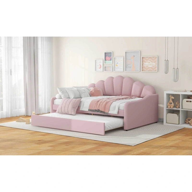 Daybed rosa e bianco in velluto con schienale a conchiglia e letto estraibile, singolo, 2 posti letto