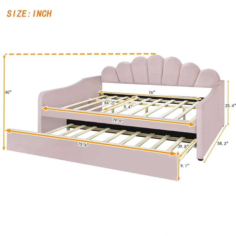 Daybed rosa e bianco in velluto con schienale a conchiglia e letto estraibile, singolo, 2 posti letto