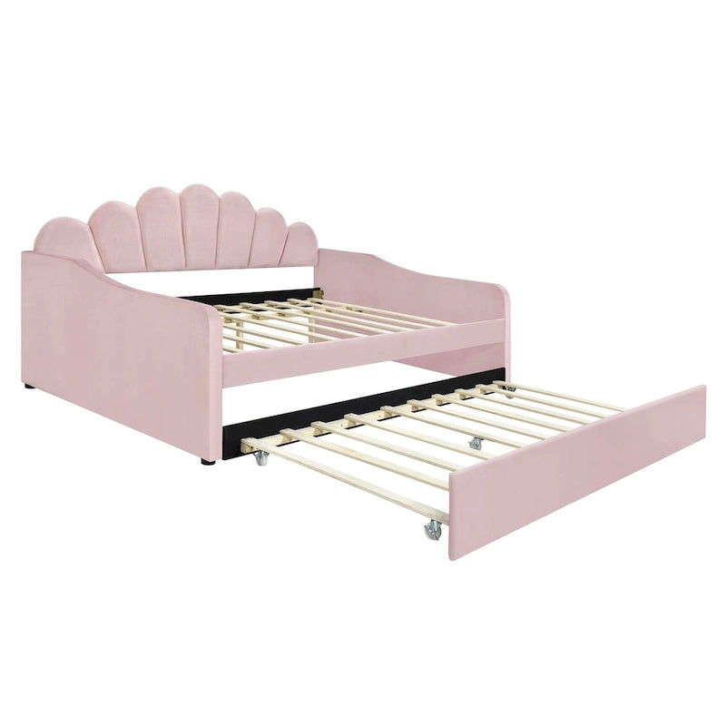 Daybed rosa e bianco in velluto con schienale a conchiglia e letto estraibile, singolo, 2 posti letto