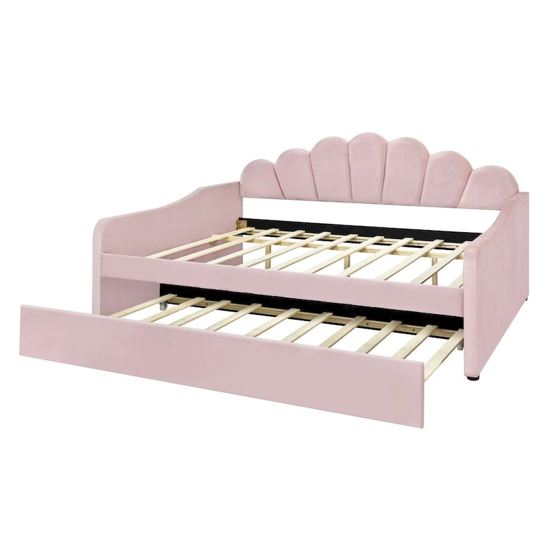 Daybed rosa e bianco in velluto con schienale a conchiglia e letto estraibile, singolo, 2 posti letto