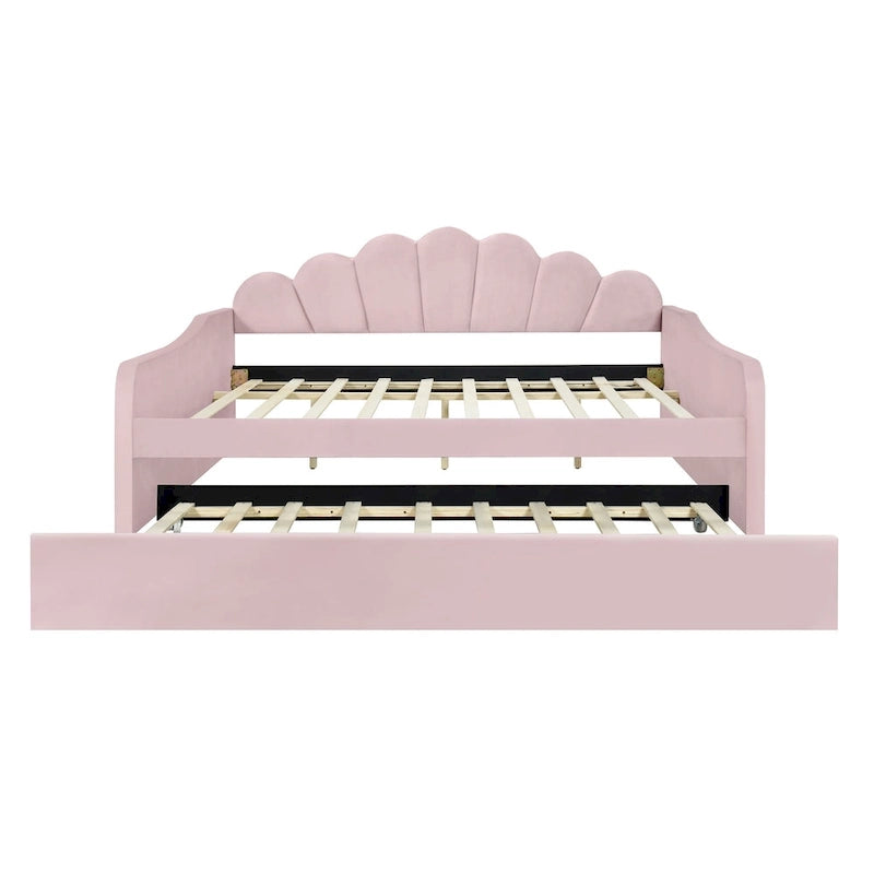 Daybed rosa e bianco in velluto con schienale a conchiglia e letto estraibile, singolo, 2 posti letto