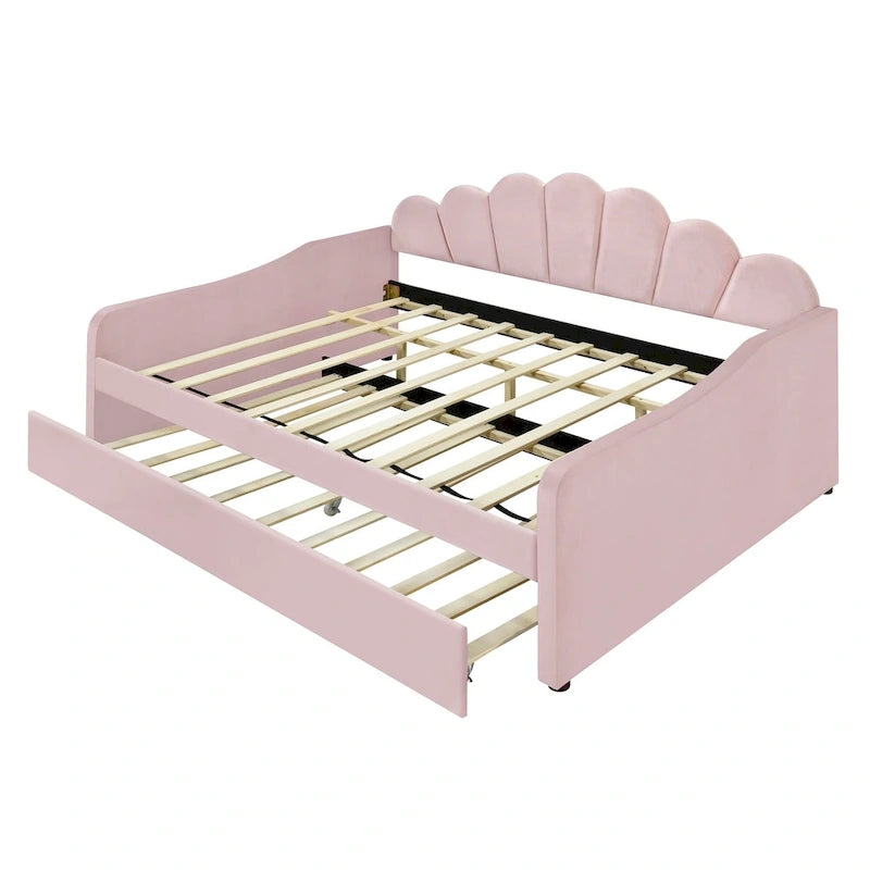 Daybed rosa e bianco in velluto con schienale a conchiglia e letto estraibile, singolo, 2 posti letto