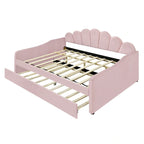 Daybed rosa e bianco in velluto con schienale a conchiglia e letto estraibile, singolo, 2 posti letto
