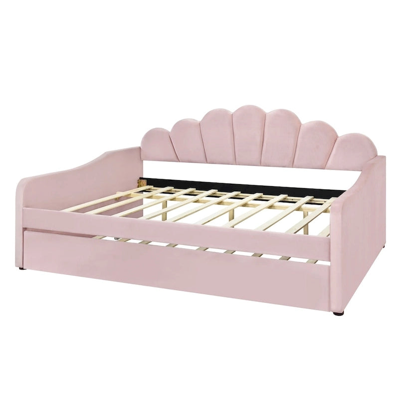 Daybed rosa e bianco in velluto con schienale a conchiglia e letto estraibile, singolo, 2 posti letto