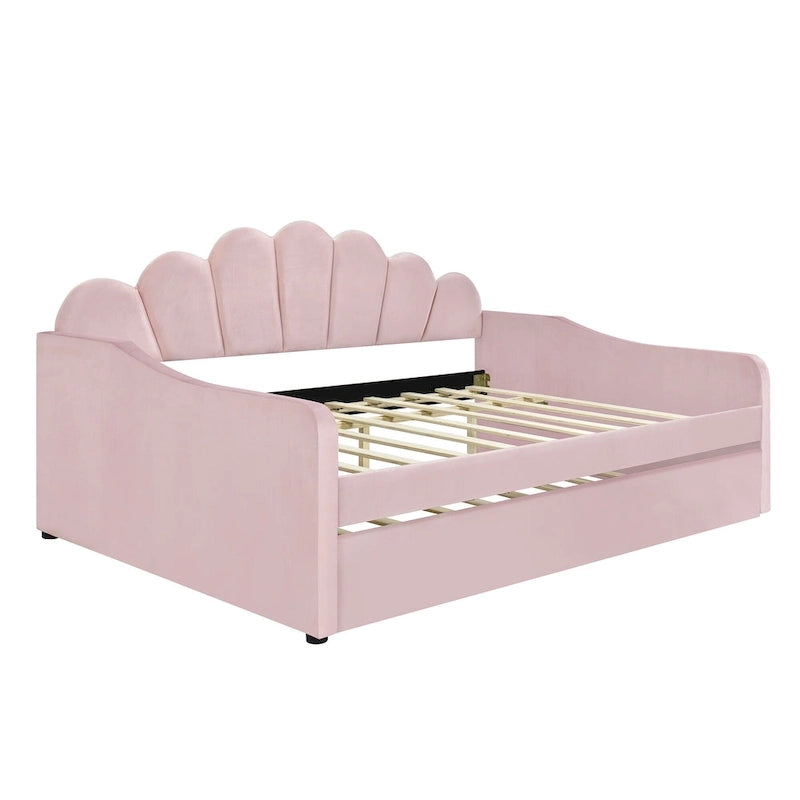 Daybed rosa e bianco in velluto con schienale a conchiglia e letto estraibile, singolo, 2 posti letto