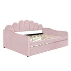 Daybed rosa e bianco in velluto con schienale a conchiglia e letto estraibile, singolo, 2 posti letto