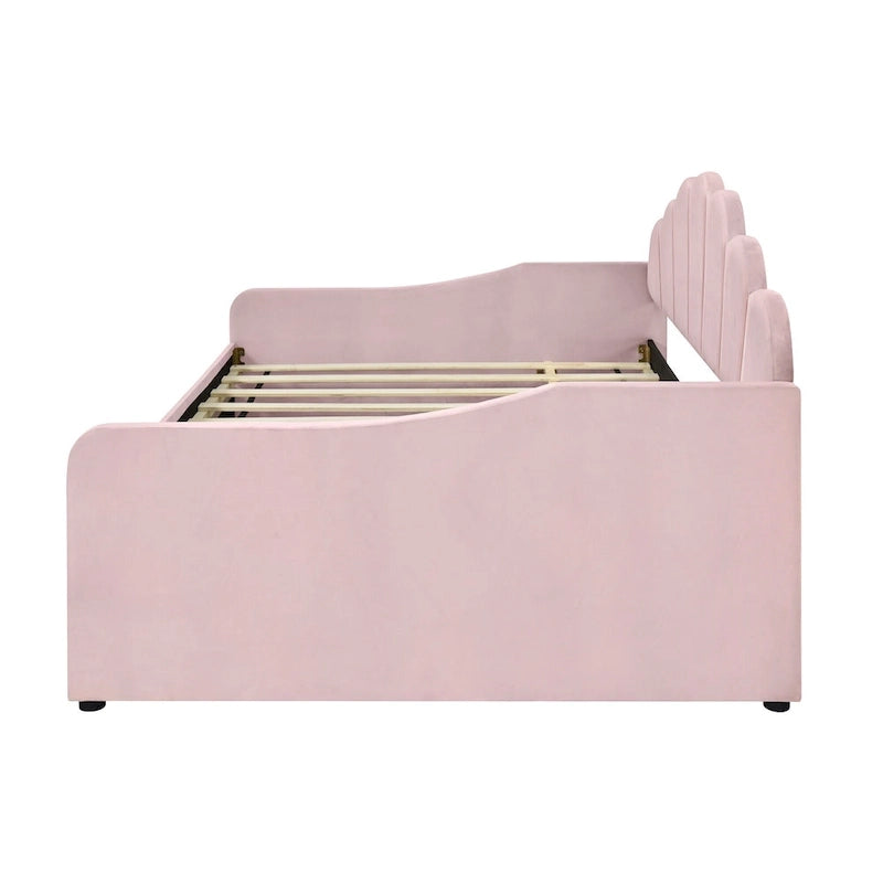 Daybed rosa e bianco in velluto con schienale a conchiglia e letto estraibile, singolo, 2 posti letto