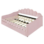 Daybed rosa e bianco in velluto con schienale a conchiglia e letto estraibile, singolo, 2 posti letto
