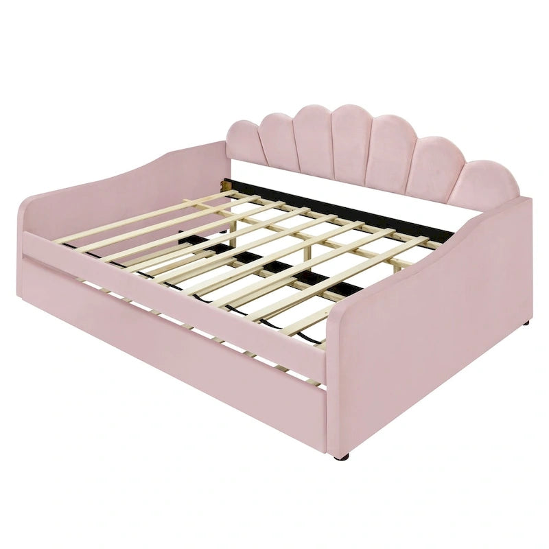 Daybed rosa e bianco in velluto con schienale a conchiglia e letto estraibile, singolo, 2 posti letto
