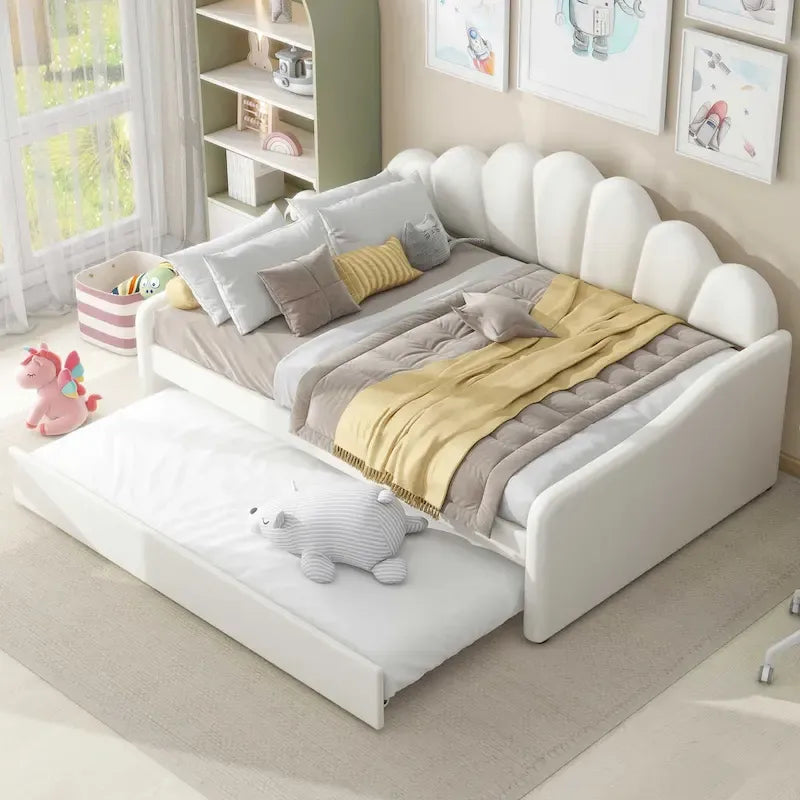 Daybed rosa e bianco in velluto con schienale a conchiglia e letto estraibile, singolo, 2 posti letto