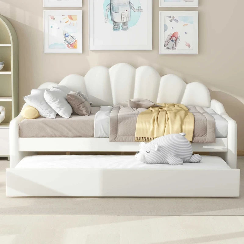 Daybed rosa e bianco in velluto con schienale a conchiglia e letto estraibile, singolo, 2 posti letto