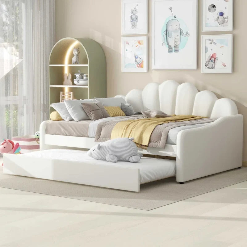 Daybed rosa e bianco in velluto con schienale a conchiglia e letto estraibile, singolo, 2 posti letto