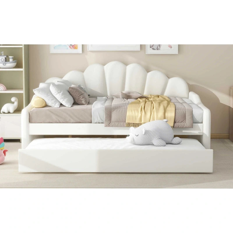 Daybed rosa e bianco in velluto con schienale a conchiglia e letto estraibile, singolo, 2 posti letto