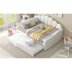 Daybed rosa e bianco in velluto con schienale a conchiglia e letto estraibile, singolo, 2 posti letto