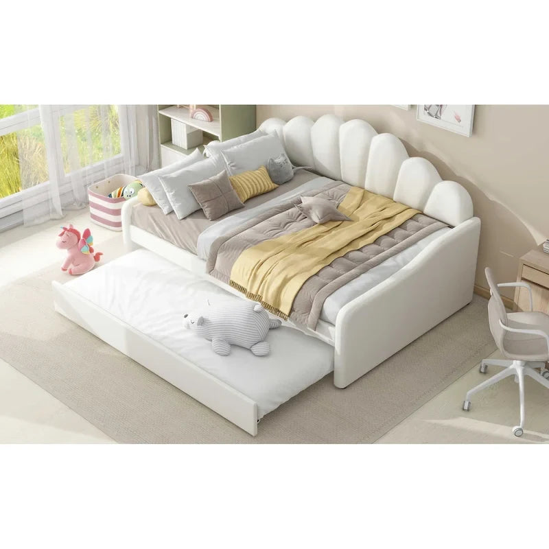 Daybed rosa e bianco in velluto con schienale a conchiglia e letto estraibile, singolo, 2 posti letto