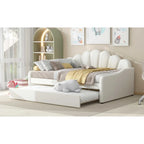 Daybed rosa e bianco in velluto con schienale a conchiglia e letto estraibile, singolo, 2 posti letto