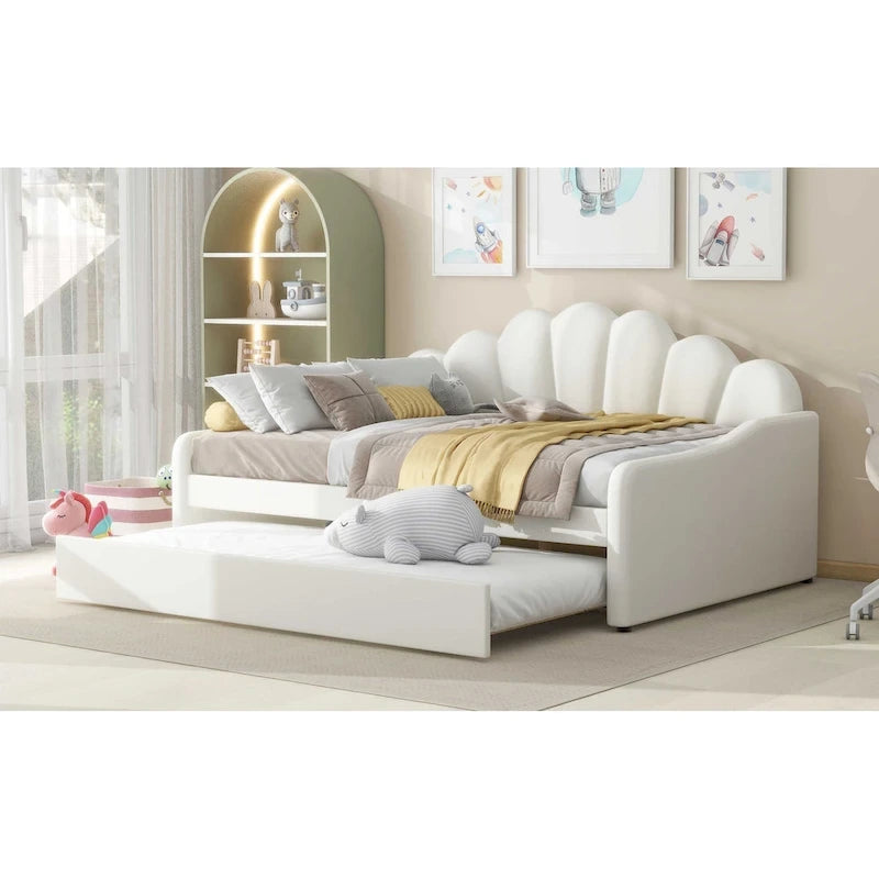 Daybed rosa e bianco in velluto con schienale a conchiglia e letto estraibile, singolo, 2 posti letto