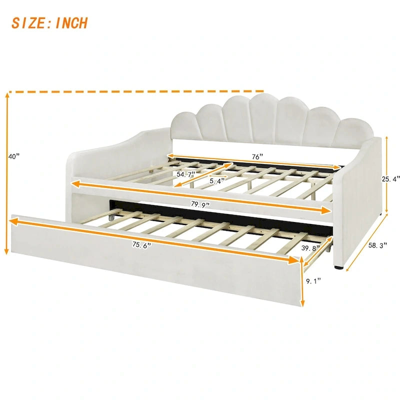 Daybed rosa e bianco in velluto con schienale a conchiglia e letto estraibile, singolo, 2 posti letto