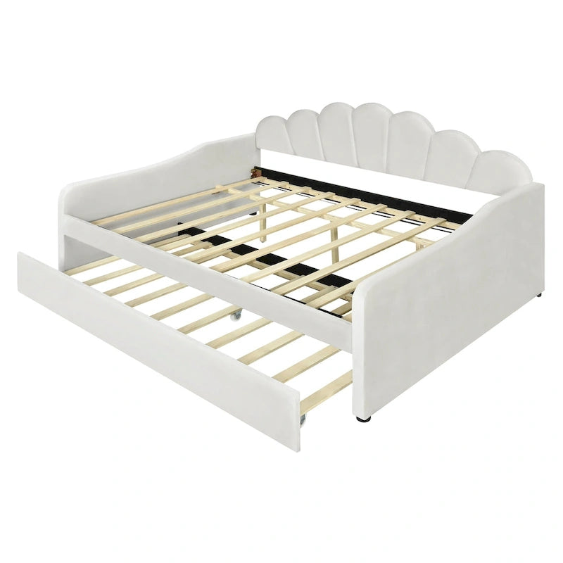 Daybed rosa e bianco in velluto con schienale a conchiglia e letto estraibile, singolo, 2 posti letto