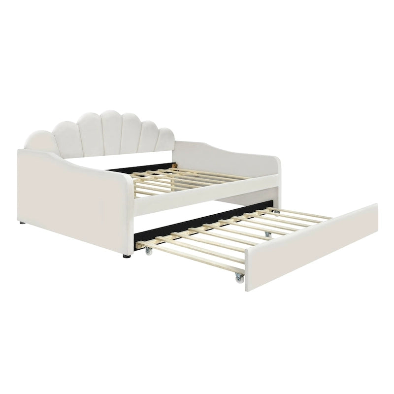 Daybed rosa e bianco in velluto con schienale a conchiglia e letto estraibile, singolo, 2 posti letto