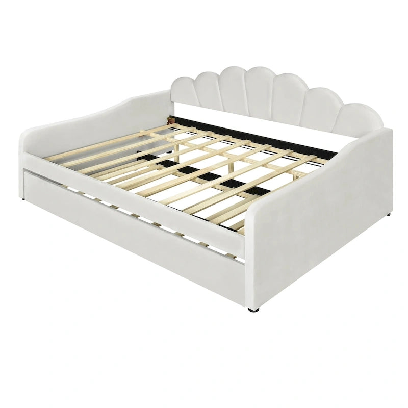 Daybed rosa e bianco in velluto con schienale a conchiglia e letto estraibile, singolo, 2 posti letto