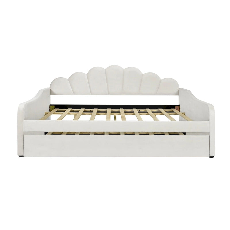 Daybed rosa e bianco in velluto con schienale a conchiglia e letto estraibile, singolo, 2 posti letto