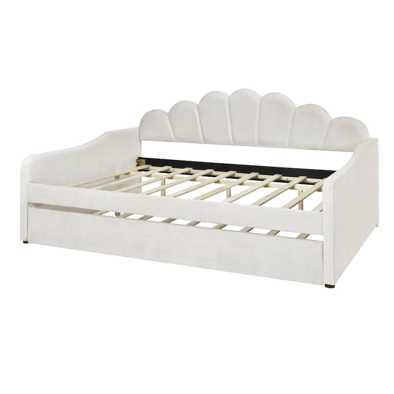 Daybed rosa e bianco in velluto con schienale a conchiglia e letto estraibile, singolo, 2 posti letto