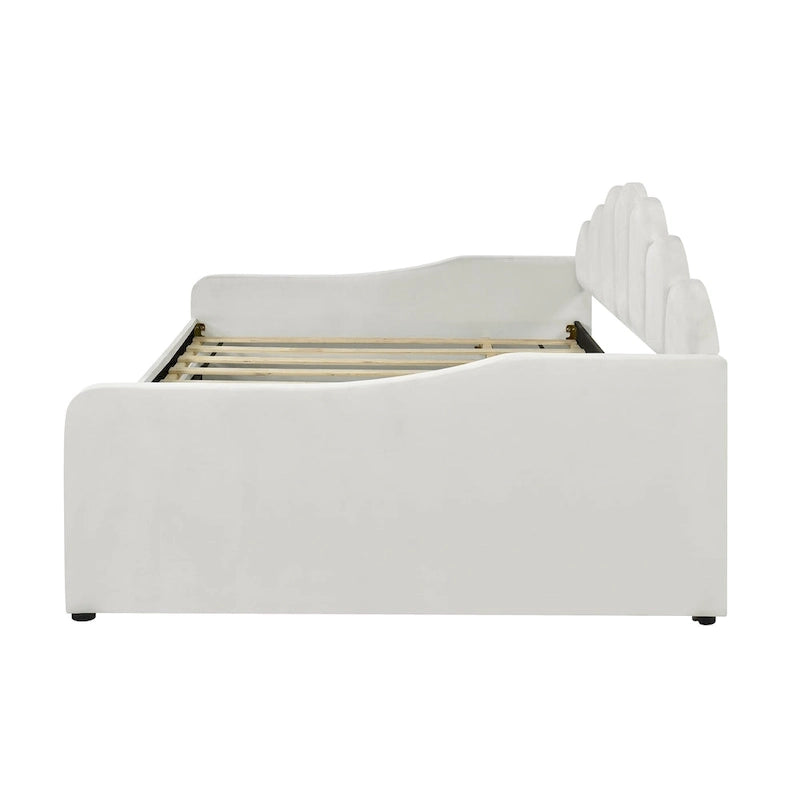 Daybed rosa e bianco in velluto con schienale a conchiglia e letto estraibile, singolo, 2 posti letto