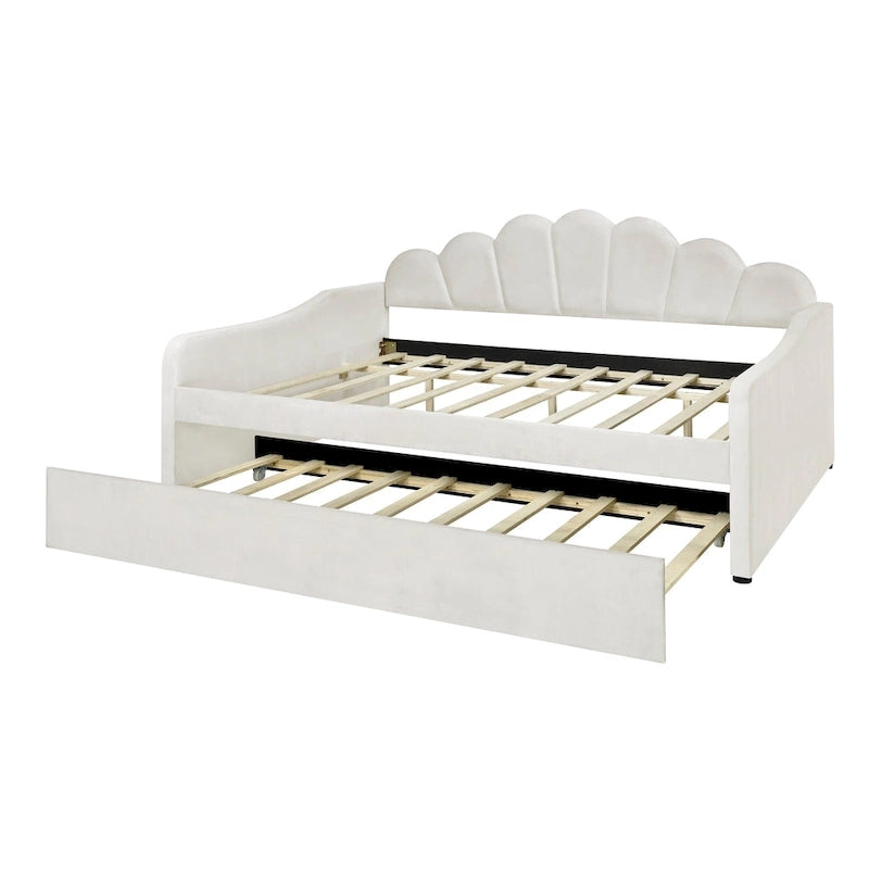 Daybed rosa e bianco in velluto con schienale a conchiglia e letto estraibile, singolo, 2 posti letto