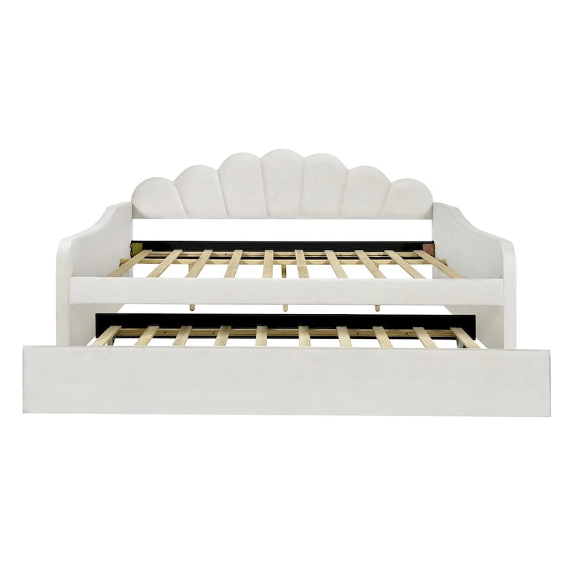 Daybed rosa e bianco in velluto con schienale a conchiglia e letto estraibile, singolo, 2 posti letto