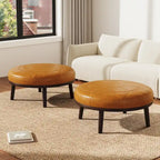 Pouf rotondo in pelle marrone, set da 2 pezzi
