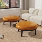 Pouf rotondo in pelle marrone, set da 2 pezzi