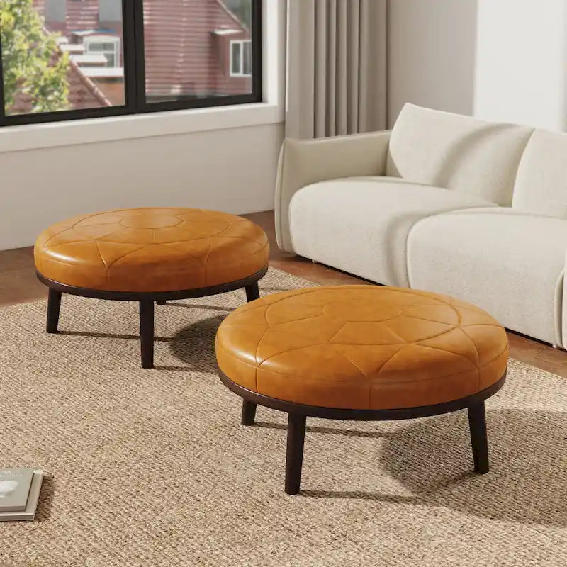 Pouf rotondo in pelle marrone, set da 2 pezzi