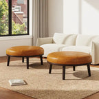 Pouf rotondo in pelle marrone, set da 2 pezzi