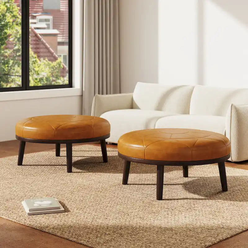 Pouf rotondo in pelle marrone, set da 2 pezzi