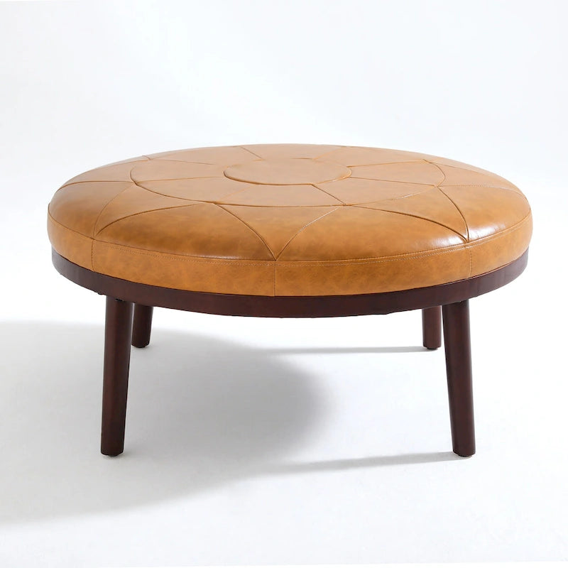 Pouf rotondo in pelle marrone, set da 2 pezzi