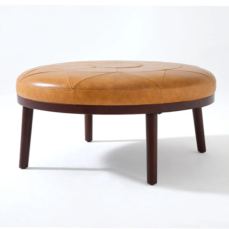 Pouf rotondo in pelle marrone, set da 2 pezzi