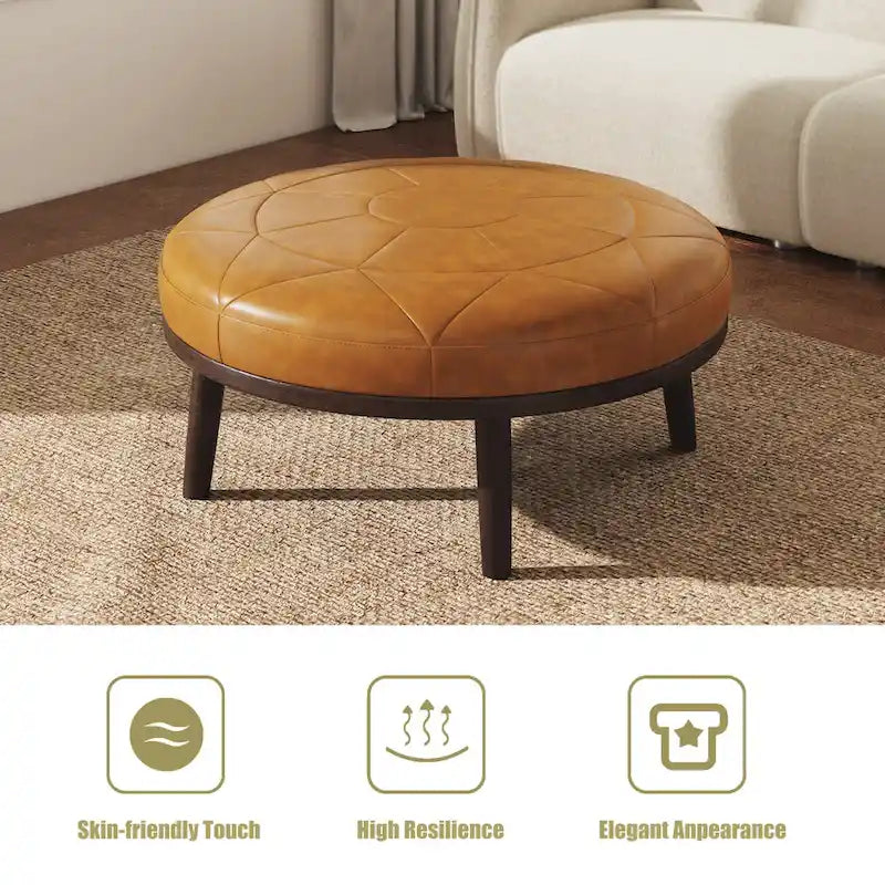 Pouf rotondo in pelle marrone, set da 2 pezzi