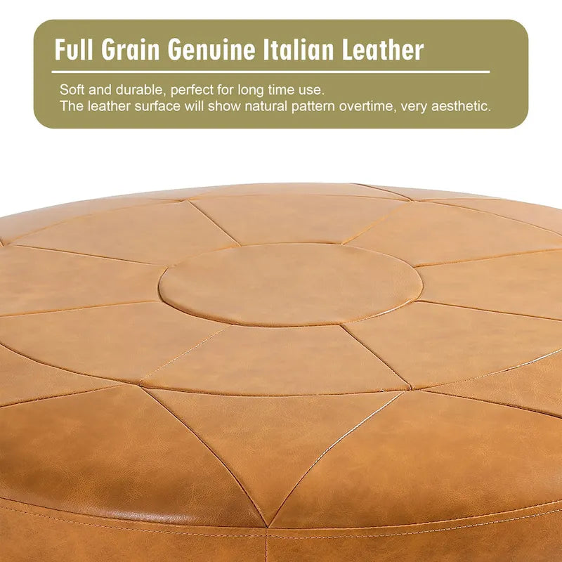 Pouf rotondo in pelle marrone, set da 2 pezzi