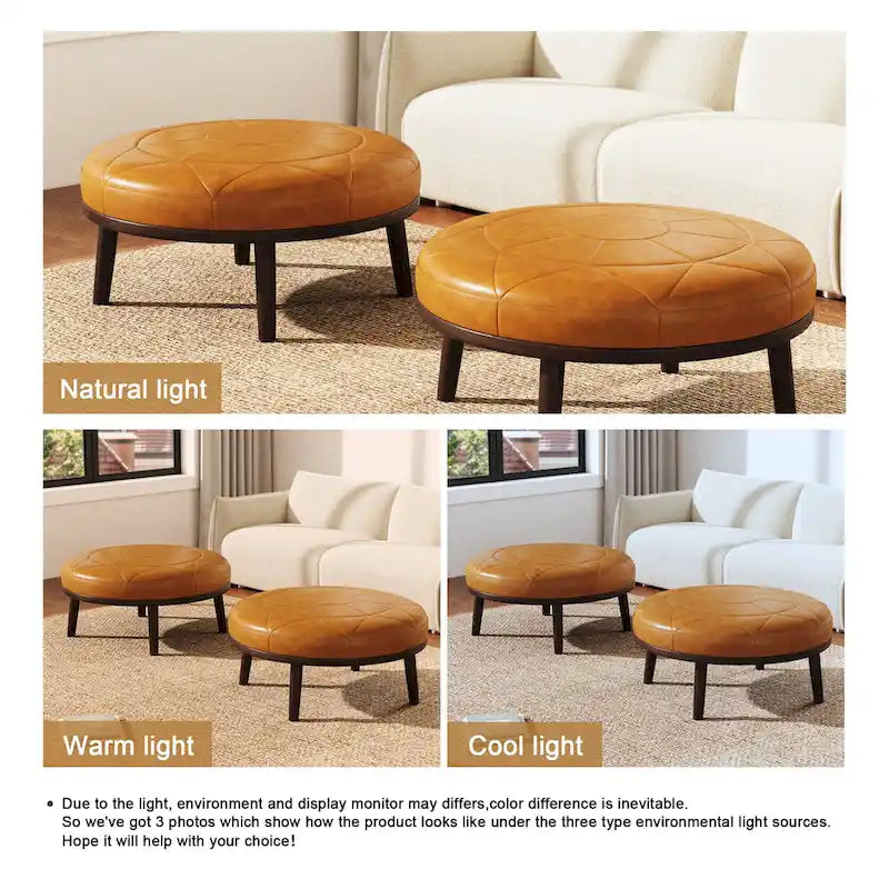 Pouf rotondo in pelle marrone, set da 2 pezzi