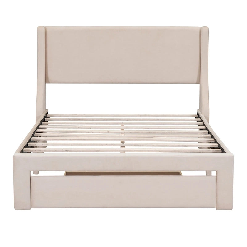 Letto a piattaforma imbottito in velluto beige con testiera a giorno e cassetto sulla pediera, una piazza e mezza