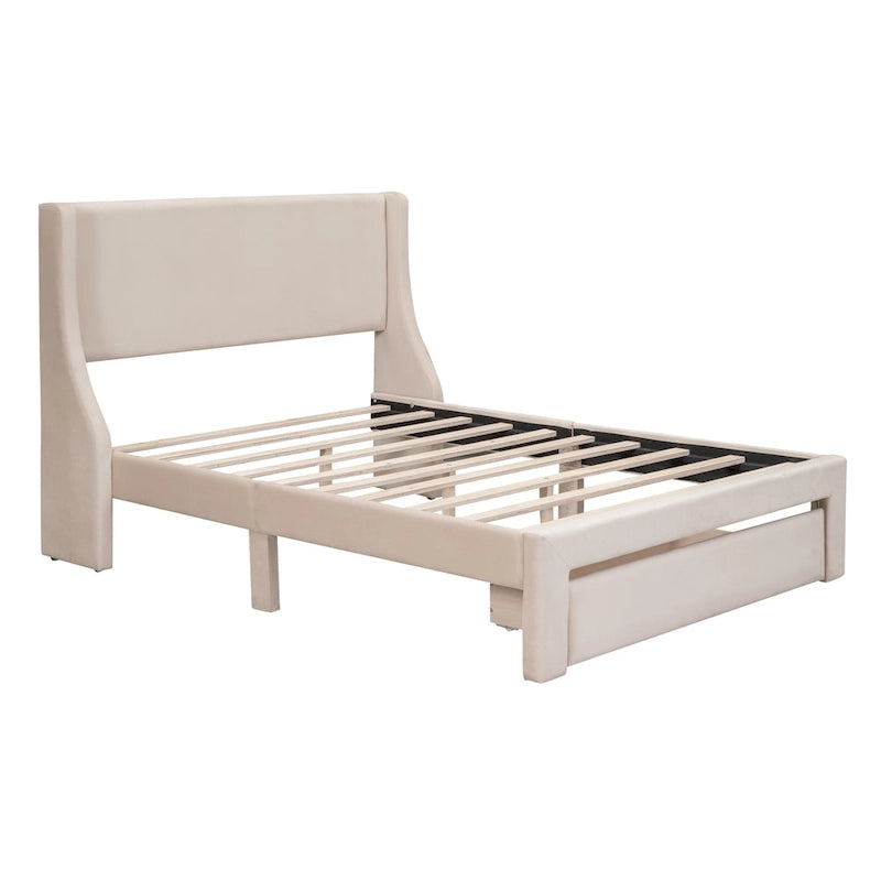 Letto a piattaforma imbottito in velluto beige con testiera a giorno e cassetto sulla pediera, una piazza e mezza