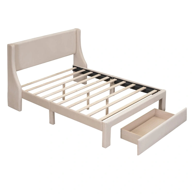 Letto a piattaforma imbottito in velluto beige con testiera a giorno e cassetto sulla pediera, una piazza e mezza