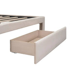 Letto a piattaforma imbottito in velluto beige con testiera a giorno e cassetto sulla pediera, una piazza e mezza