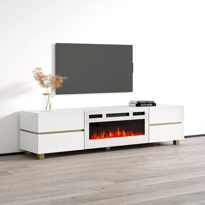 Mobile TV con Caminetto Elettrico Bianco e Nero per Soggiorno da 1-2 Persone