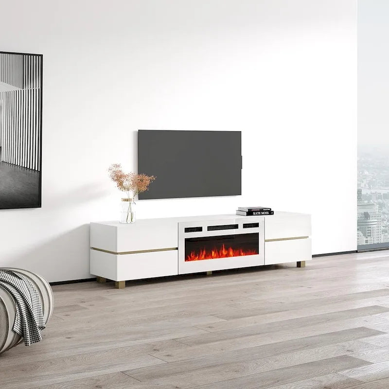 Mobile TV con Caminetto Elettrico Bianco e Nero per Soggiorno da 1-2 Persone
