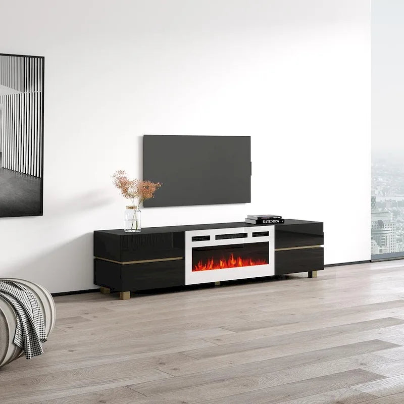 Mobile TV con Caminetto Elettrico Bianco e Nero per Soggiorno da 1-2 Persone