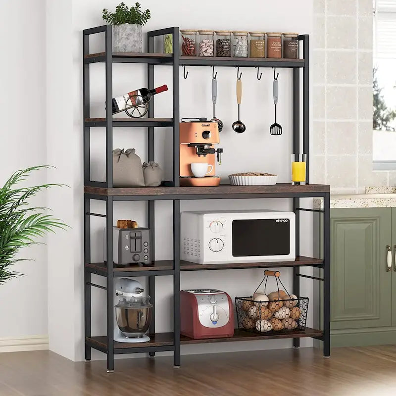 Scaffale da Panettiere a 5 Ripiani con Credenza e Supporto per Microonde da Cucina, Marrone/Nero