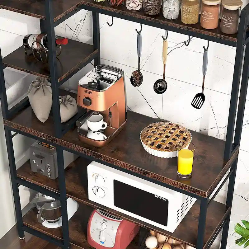 Scaffale da Panettiere a 5 Ripiani con Credenza e Supporto per Microonde da Cucina, Marrone/Nero