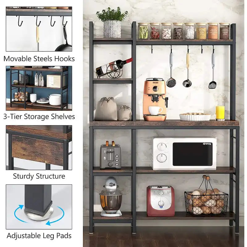 Scaffale da Panettiere a 5 Ripiani con Credenza e Supporto per Microonde da Cucina, Marrone/Nero
